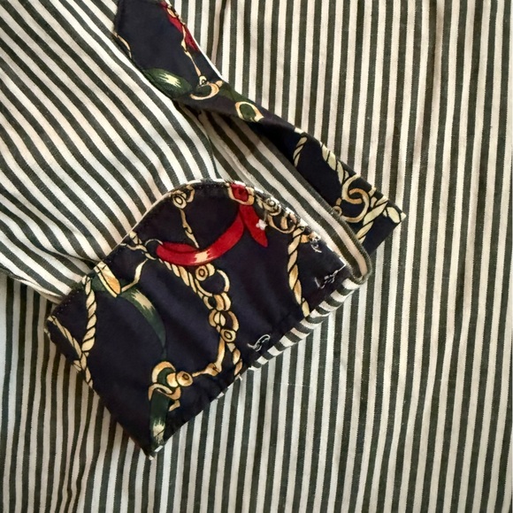 Vintage Talbots Small Green & White Striped Preppy Equestrian Button Down Blouse - Picture 2 of 6